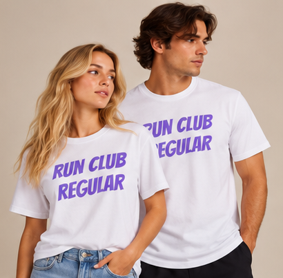 Racer Tee - White by Run Club Regular, white graphic T-shirt product photograph