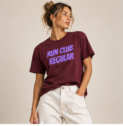 Racer Tee - Maroon by Run Club Regular, graphic T-shirt product photograph